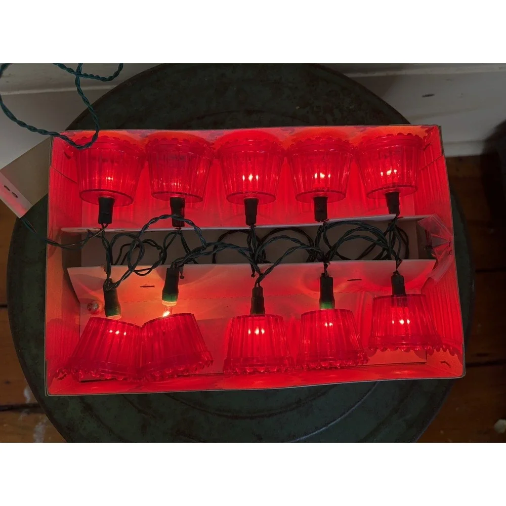 Vintage Miro-Star Christmas string lights votive cup shade red bulbs Japan NIB